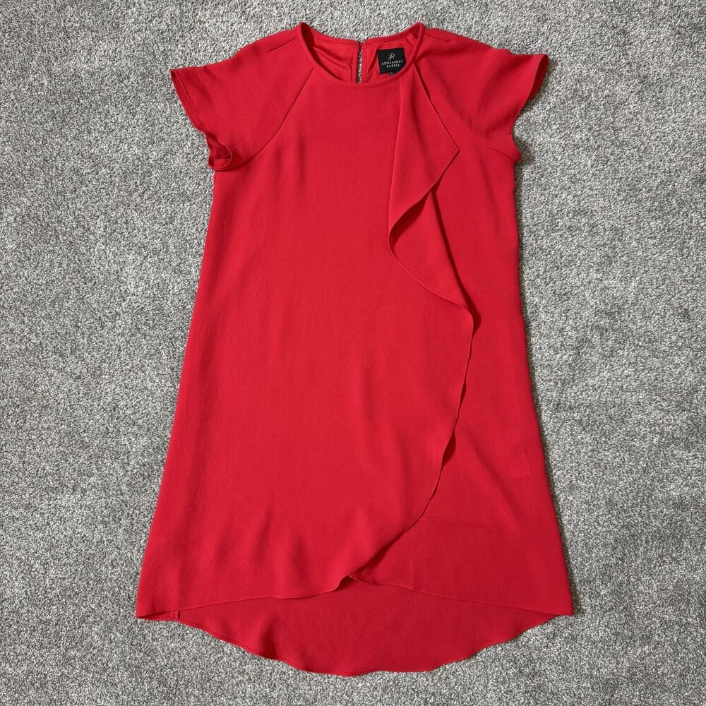 Adrianna Papell Dress Womens 4 Red Ruffle Sheath Short Sleeve High Low Hem